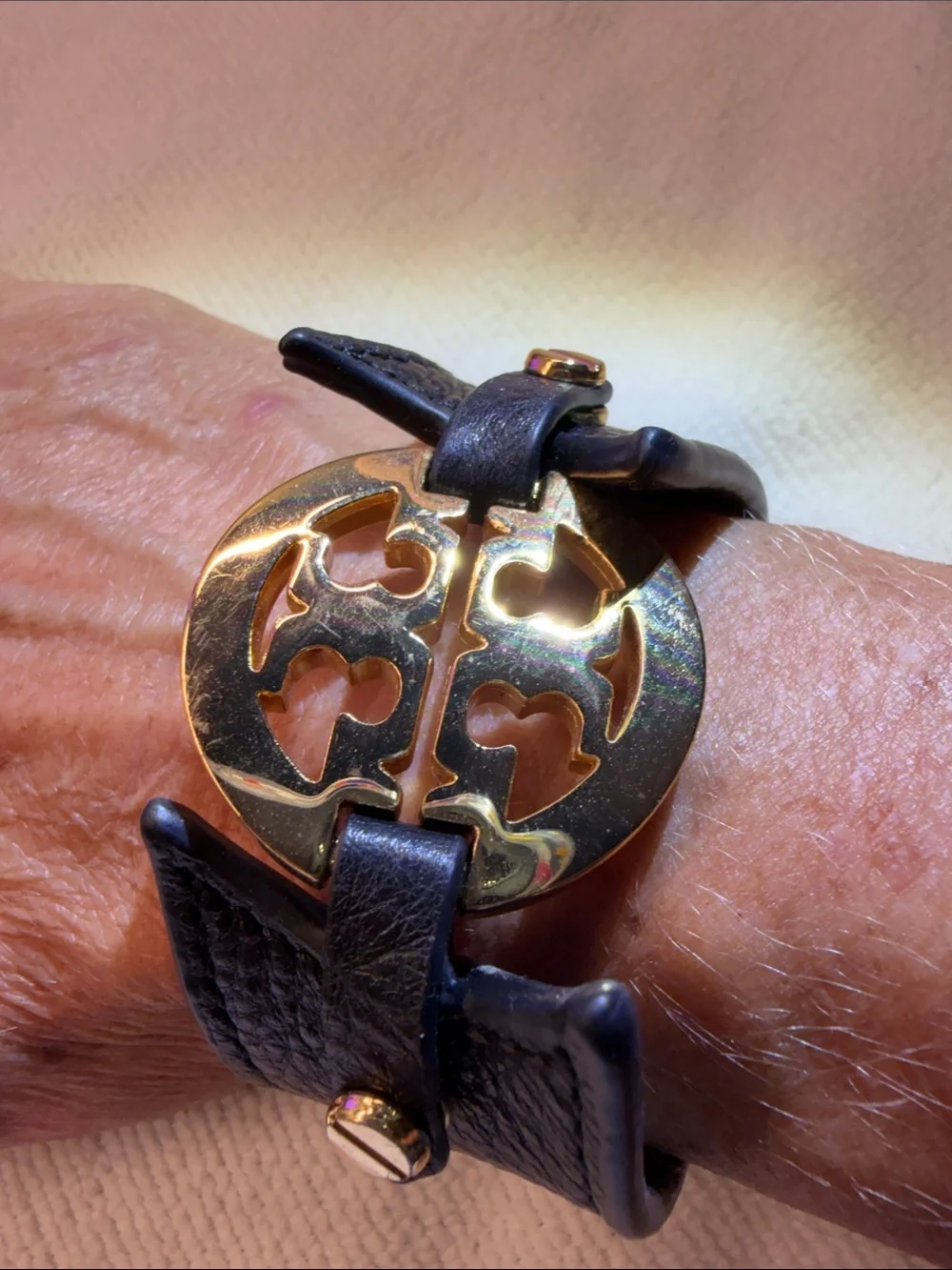 Tory Burch Double-T Leather Cuff Bracelet in Brown and Black